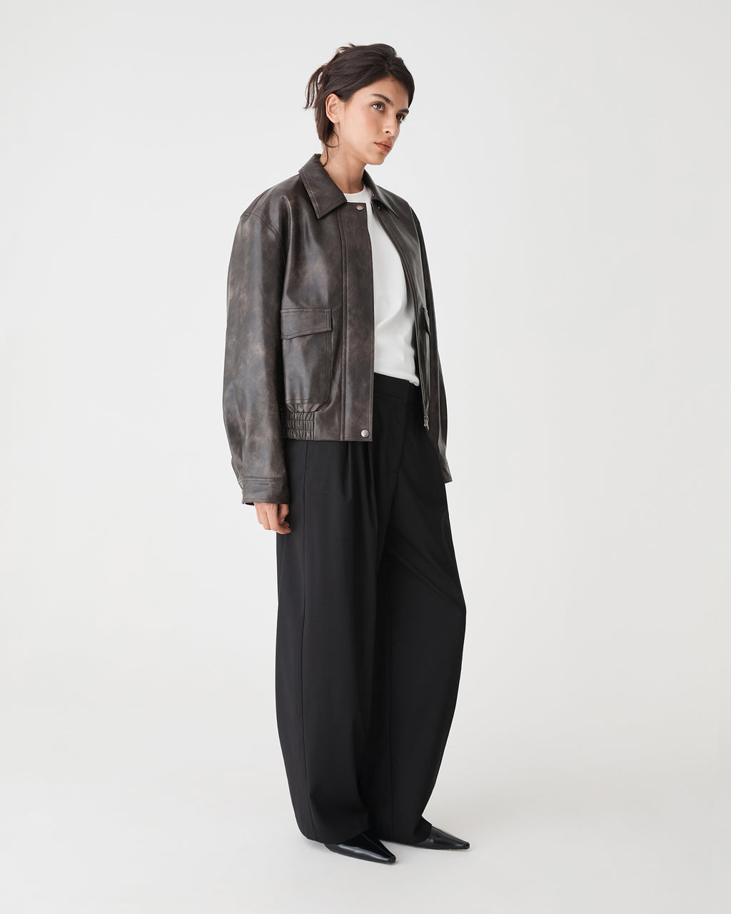 Ada Faux Leather Bomber Jacket in dark brown — side view