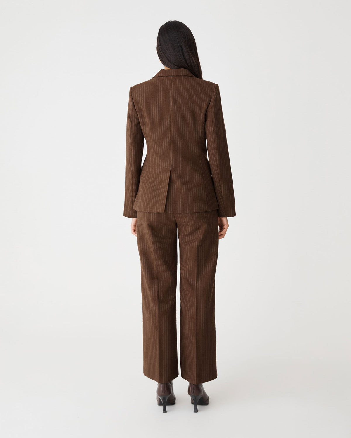 Zara Double Breasted Blazer in chocolate pinstripe — back view