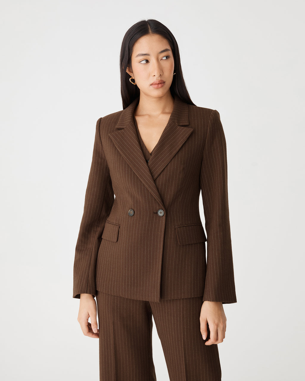 Zara Double Breasted Blazer in chocolate pinstripe — close-up view 2