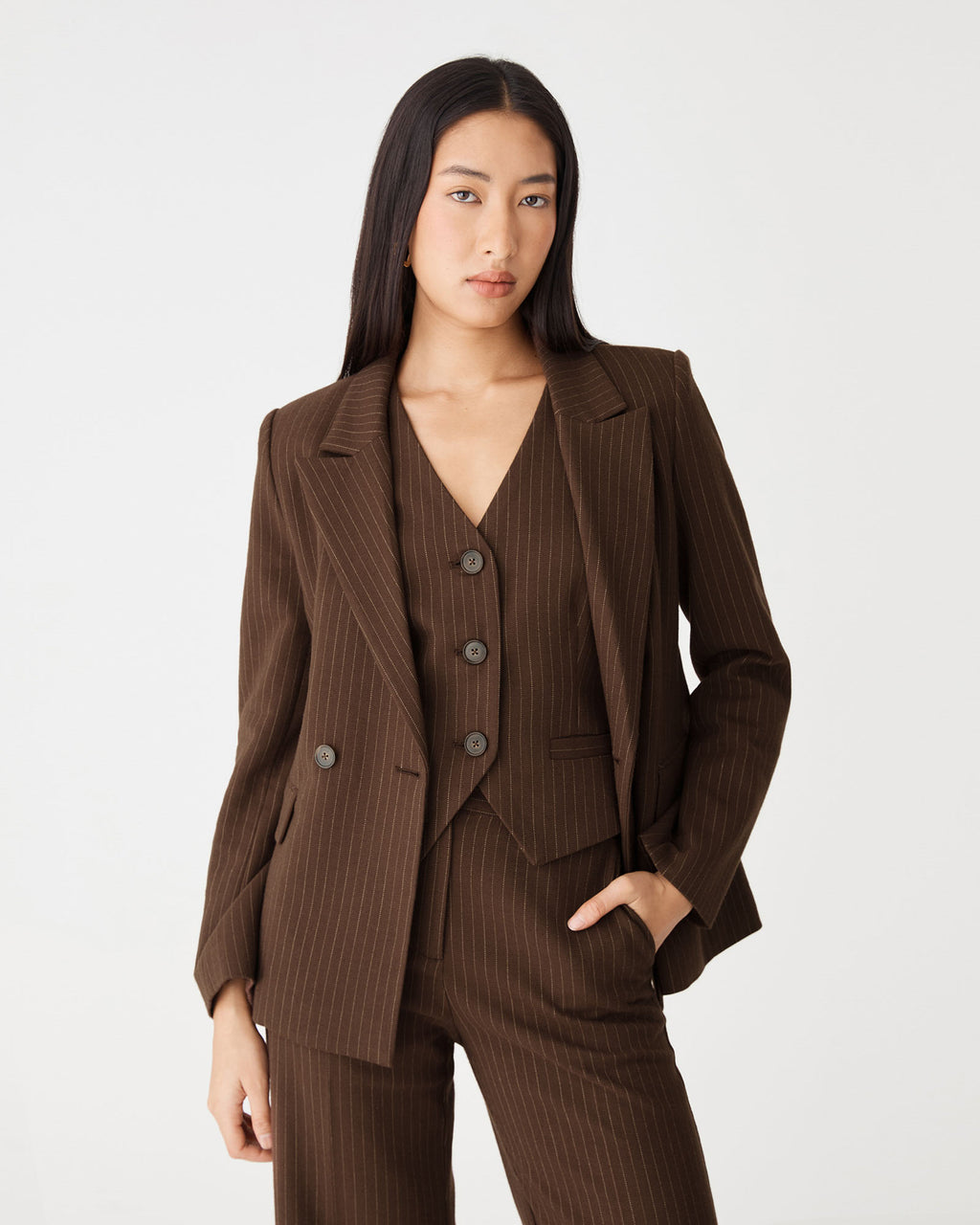 Zara Double Breasted Blazer in chocolate pinstripe — close-up view 3