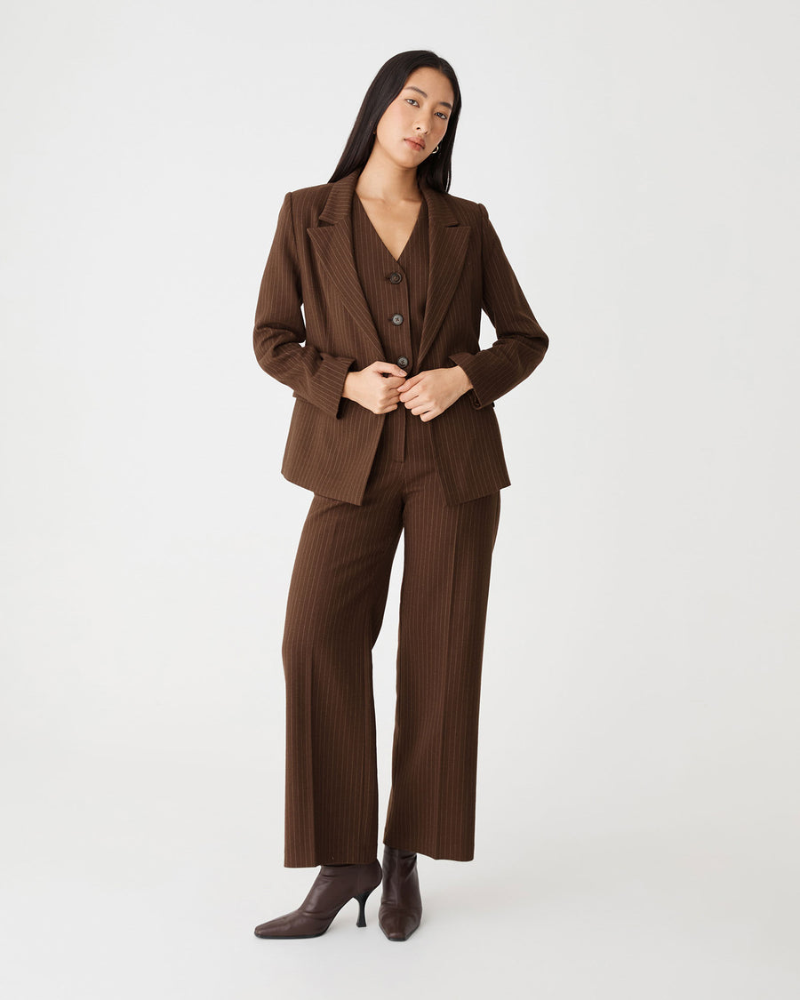 Zara Double Breasted Blazer in chocolate pinstripe — full-length view