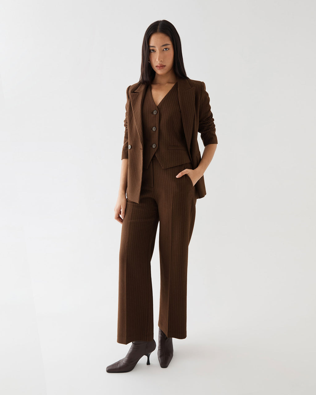 Zara Double Breasted Blazer in chocolate pinstripe — full-length view 2