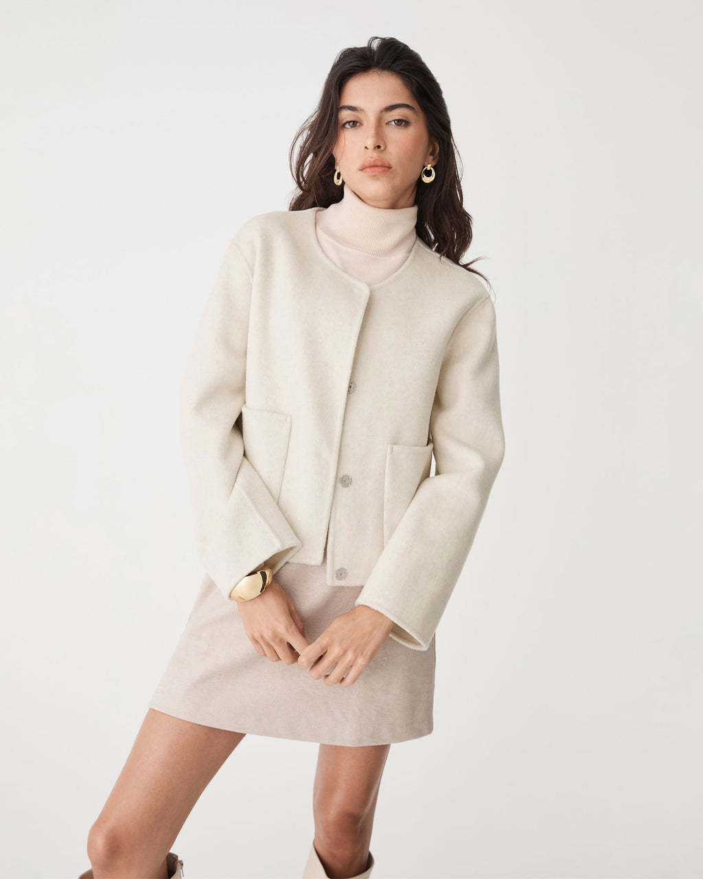 Alani Crop Wool Jacket in light beige — close-up view