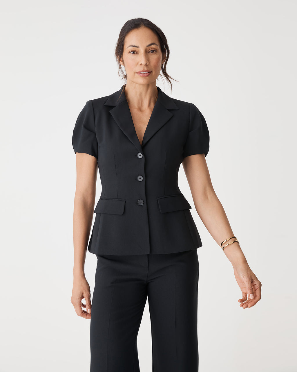 Jennifer Short Sleeve Blazer in black — close-up view