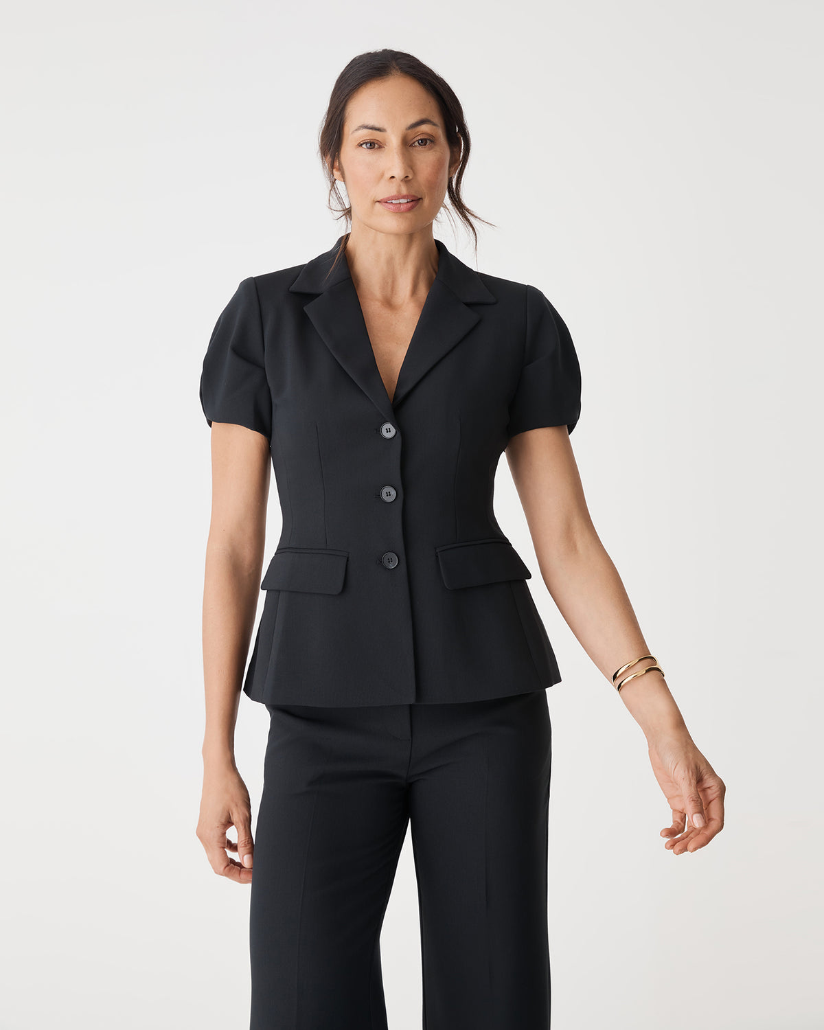 Jennifer Short Sleeve Blazer in black — close-up view