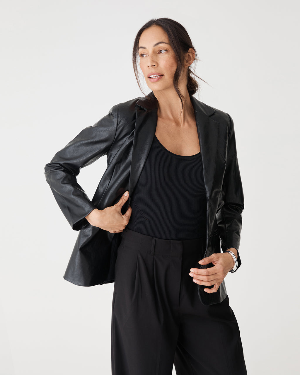 Shay Faux Leather Blazer in black — close-up view