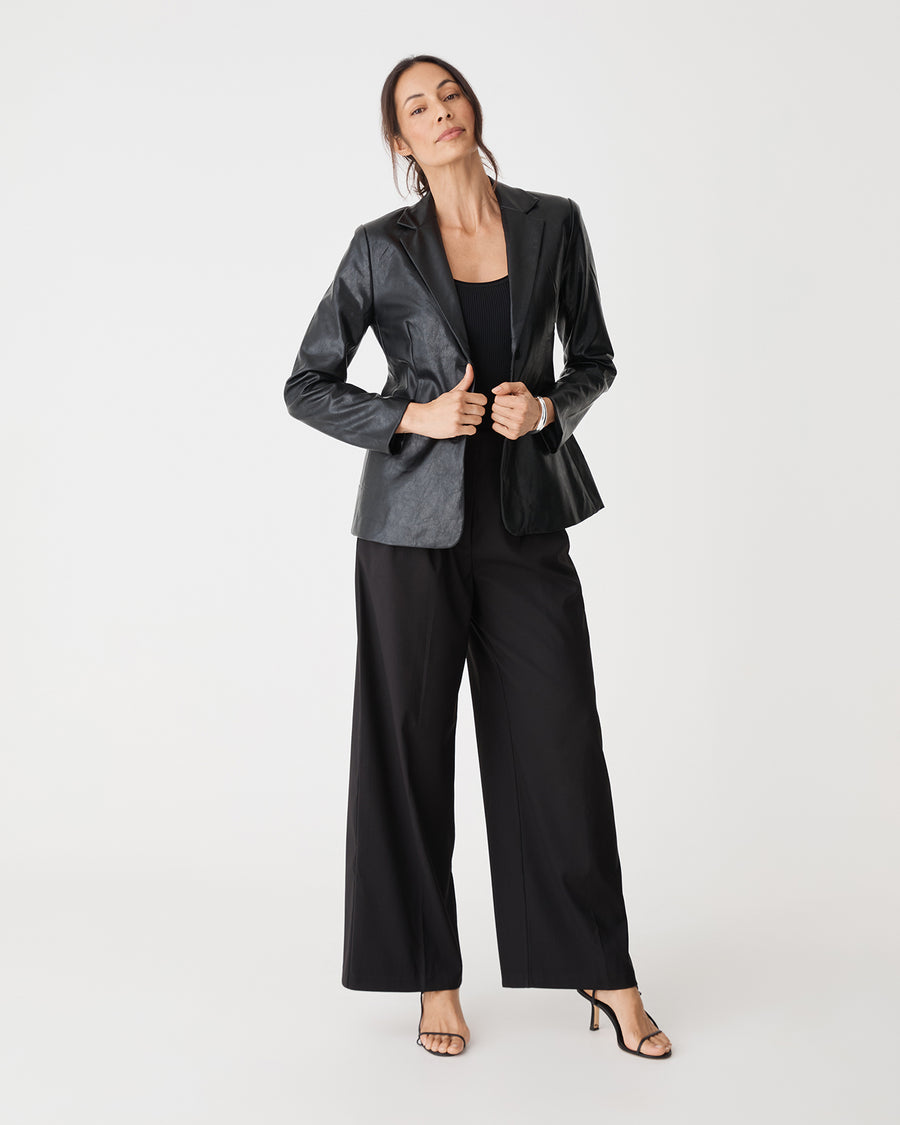 Shay Faux Leather Blazer in black — full-length view