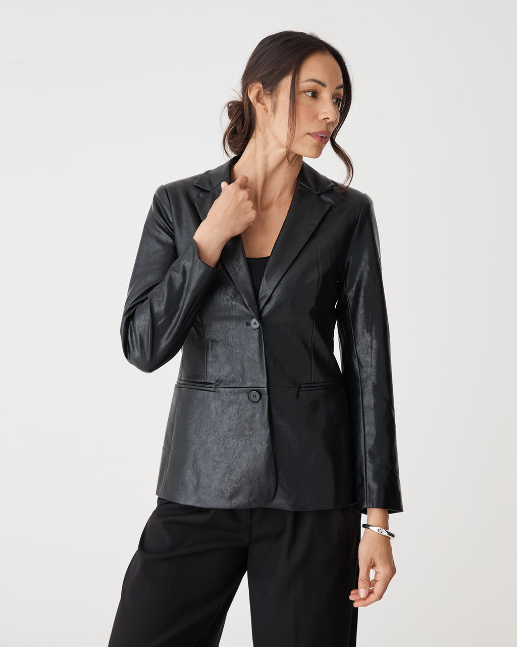 Shay Faux Leather Blazer in black — close-up view 2