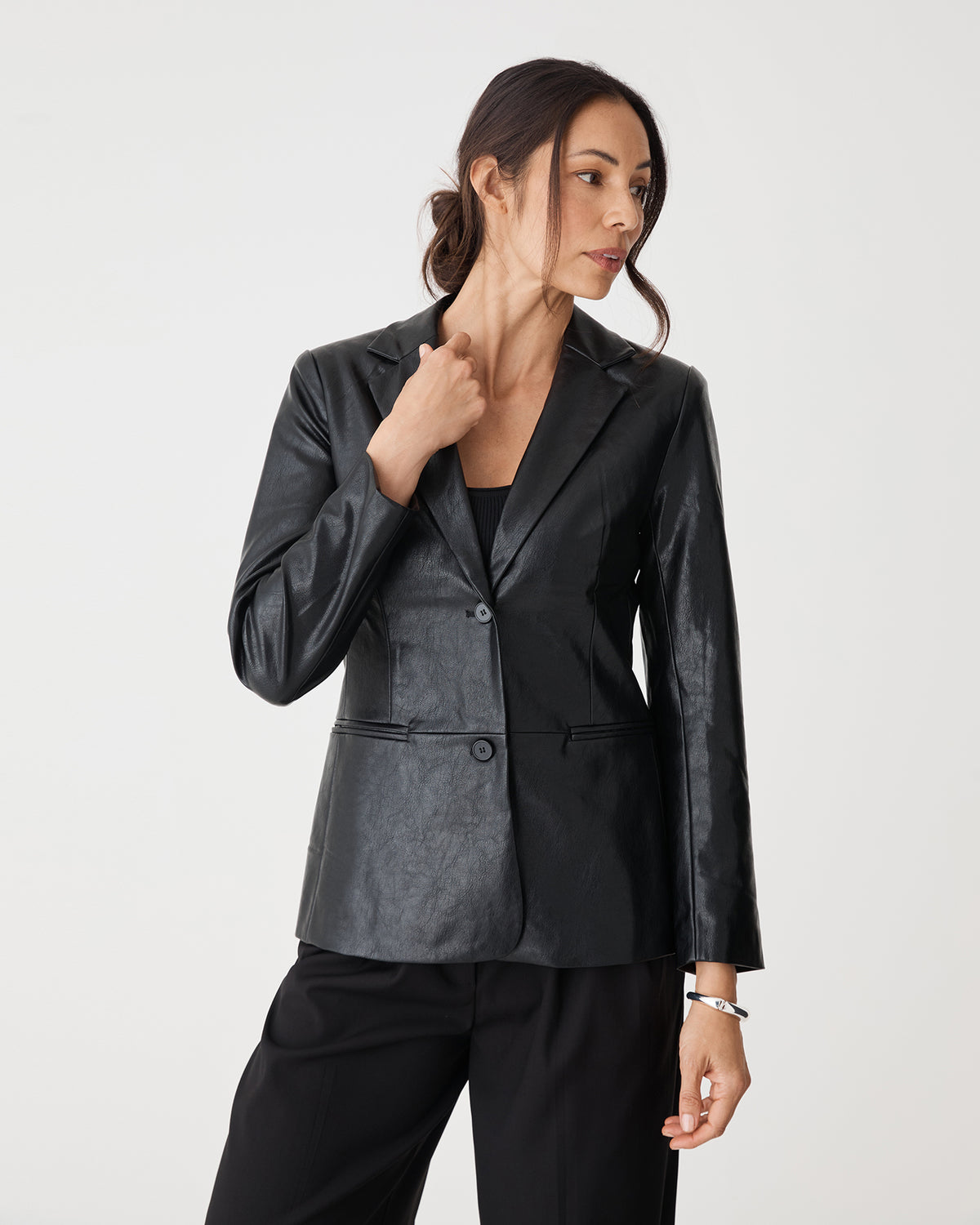 Shay Faux Leather Blazer in black — close-up view 2
