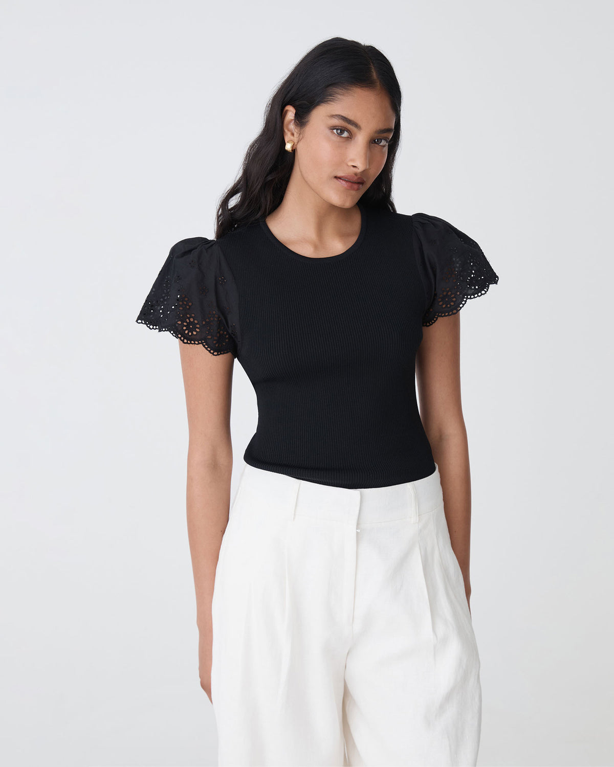 Sasha Embroidery Knit Top in black — close-up view