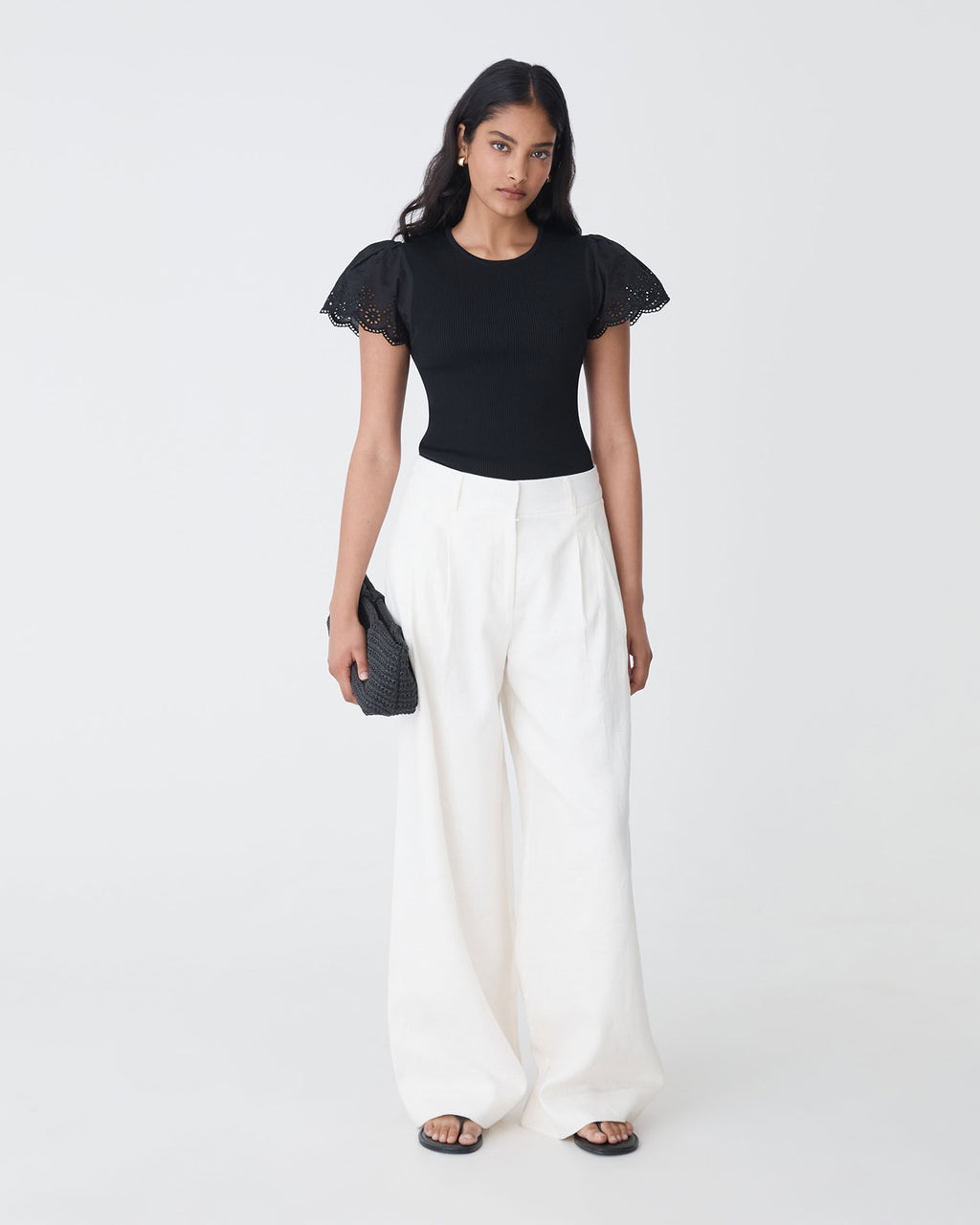 Sasha Embroidery Knit Top in black — full-length view