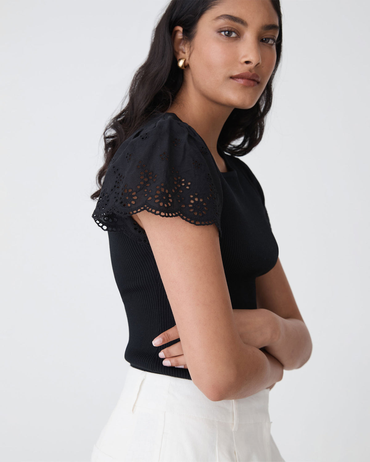 Sasha Embroidery Knit Top in black — side view