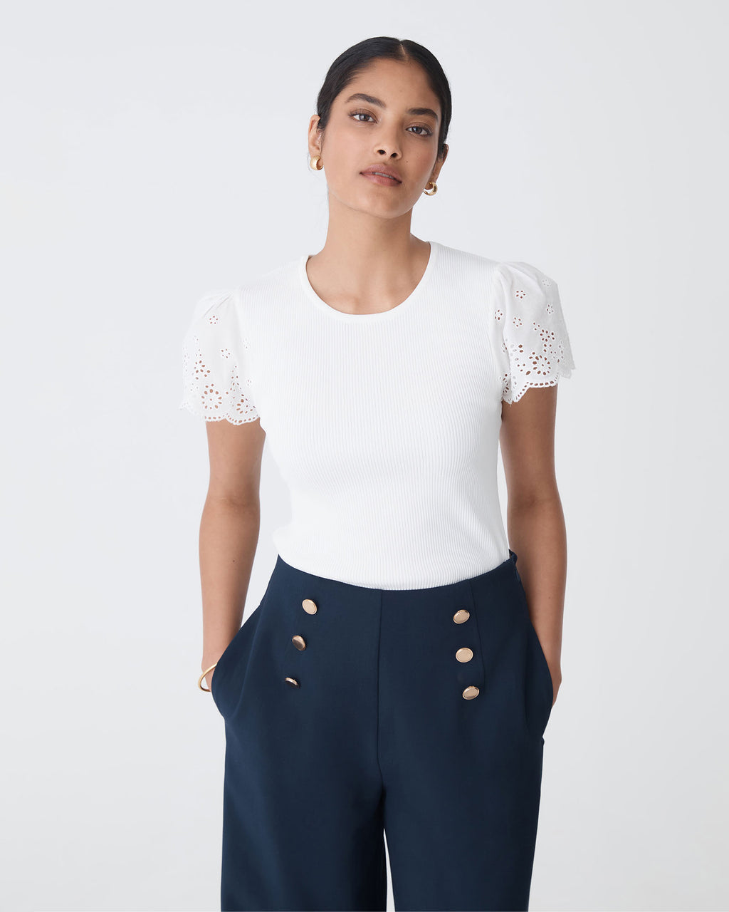 Sasha Embroidery Knit Top in ivory — close-up view