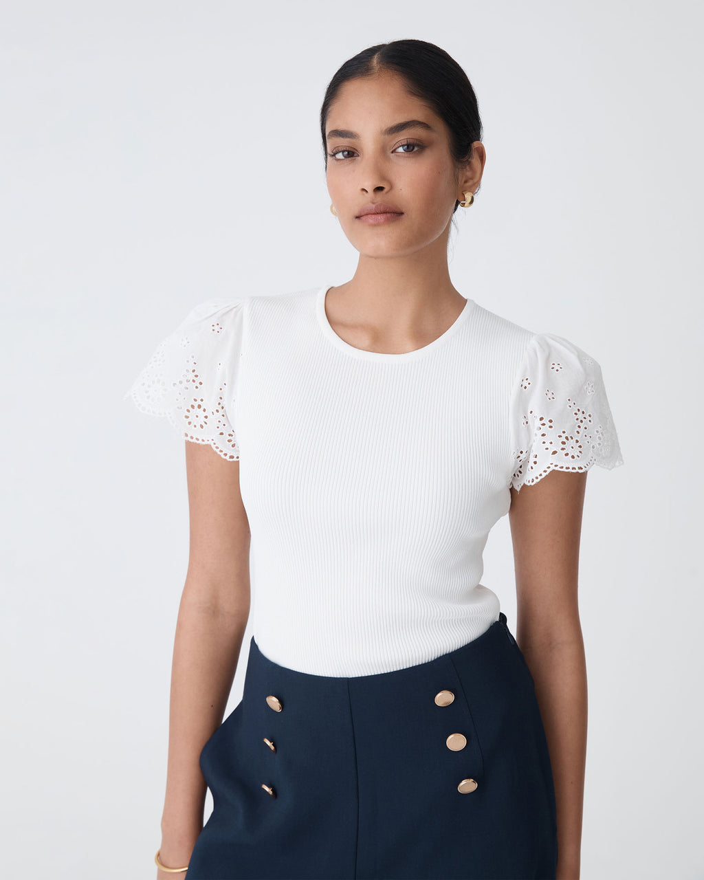 Sasha Embroidery Knit Top in ivory — close-up view 2
