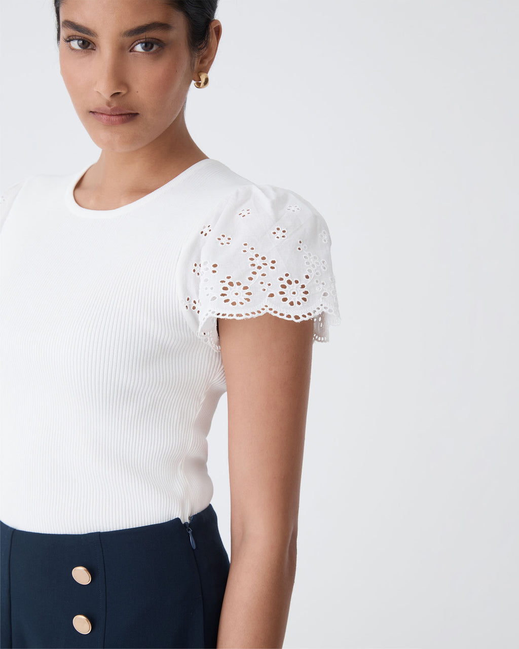 Sasha Embroidery Knit Top in ivory — fabric detail
