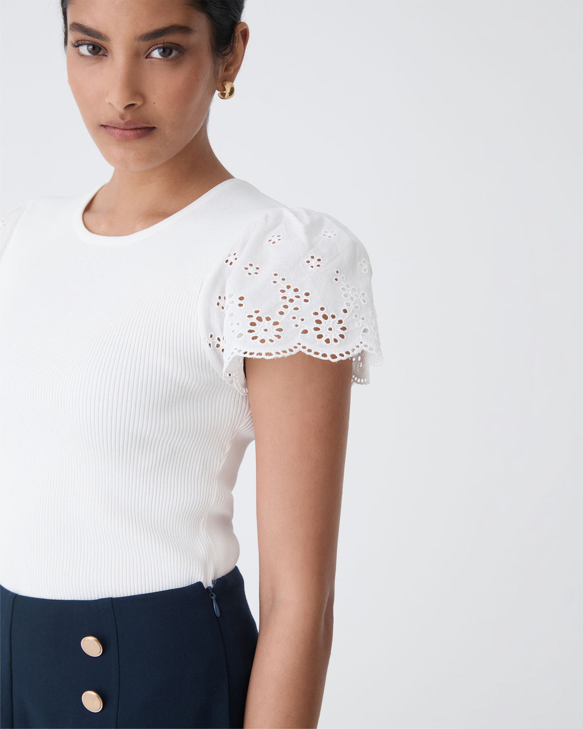 Sasha Embroidery Knit Top in ivory — fabric detail