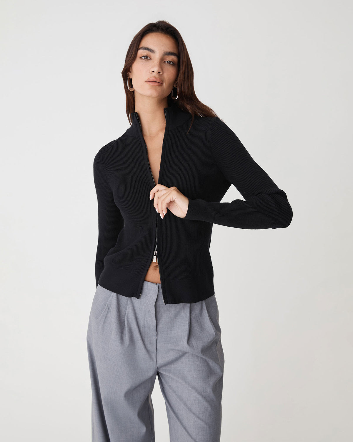Blake Ribbed Zip Cardigan in black — close-up view