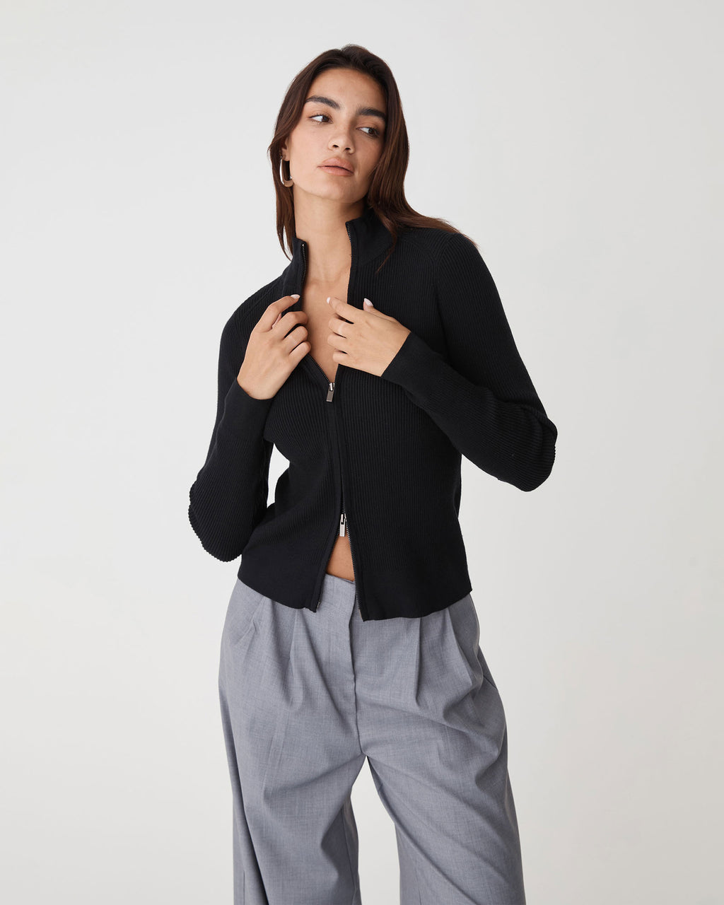 Blake Ribbed Zip Cardigan in black — close-up view 3
