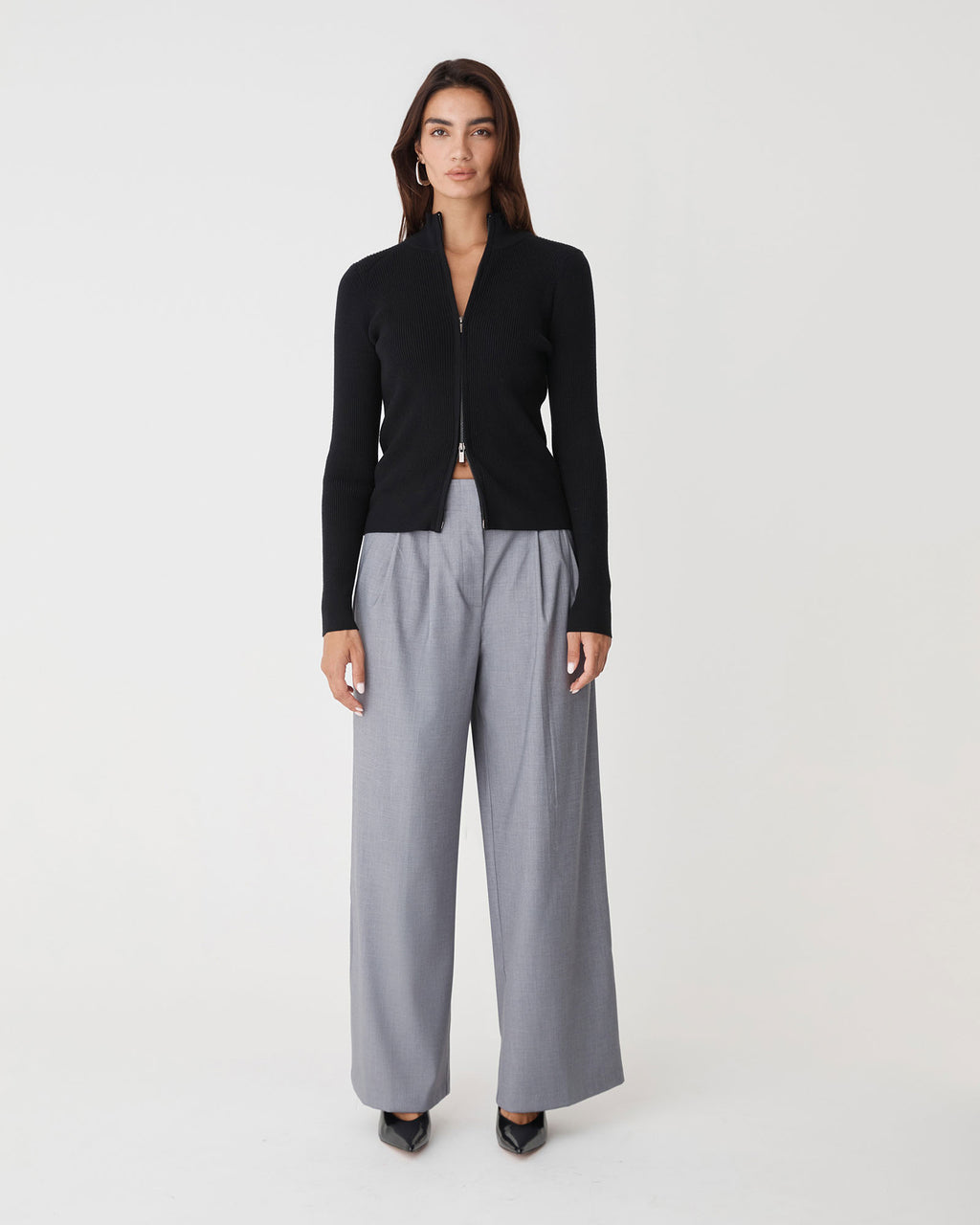 Blake Ribbed Zip Cardigan in black — full-length view