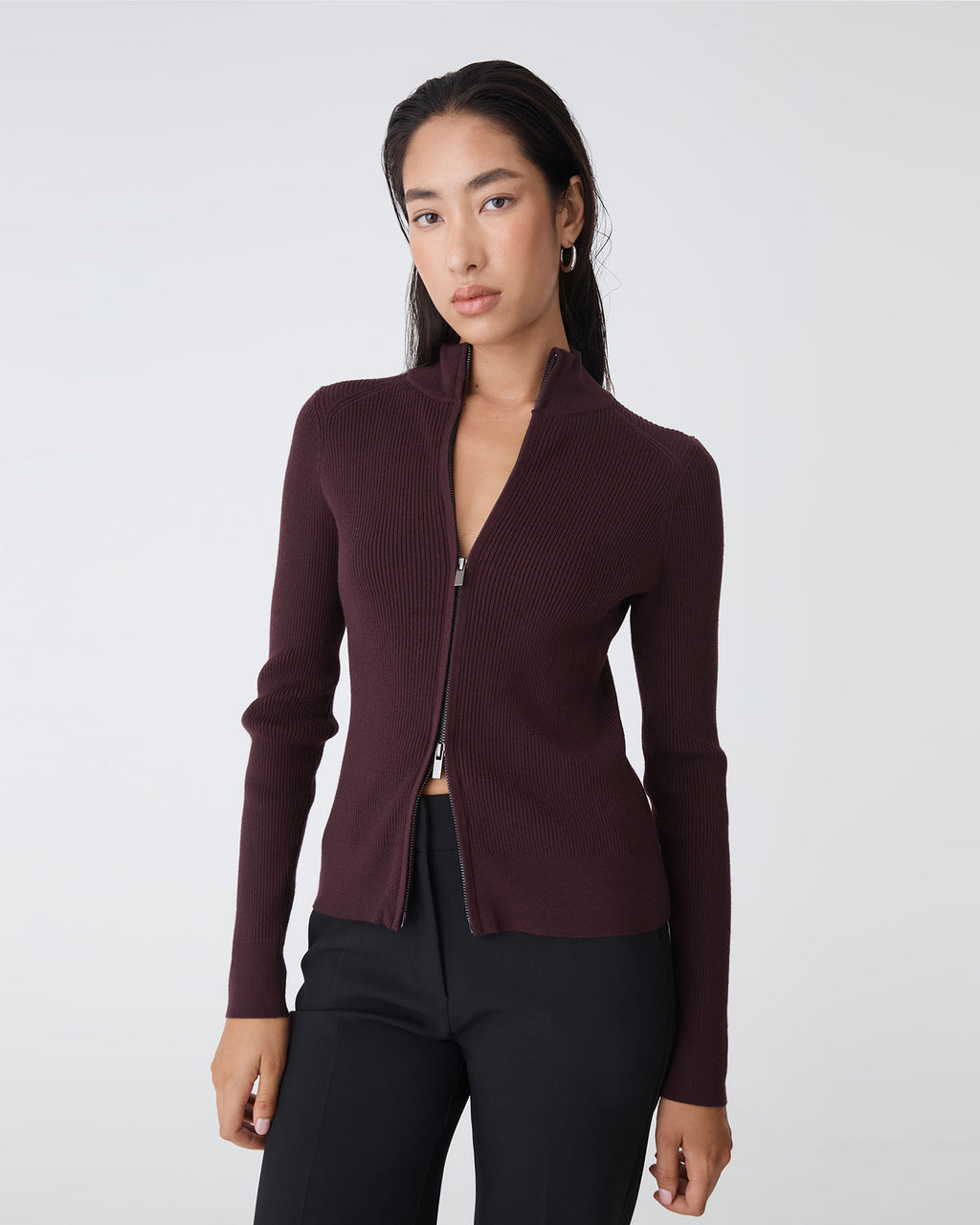 Blake Ribbed Zip Cardigan in mahogany — close-up view