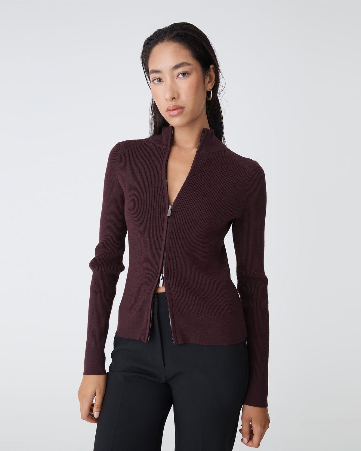 Blake Ribbed Zip Cardigan in mahogany — close-up view