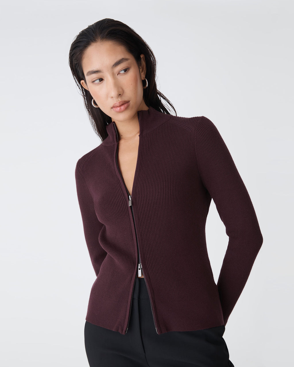 Blake Ribbed Zip Cardigan in mahogany — close-up view 2