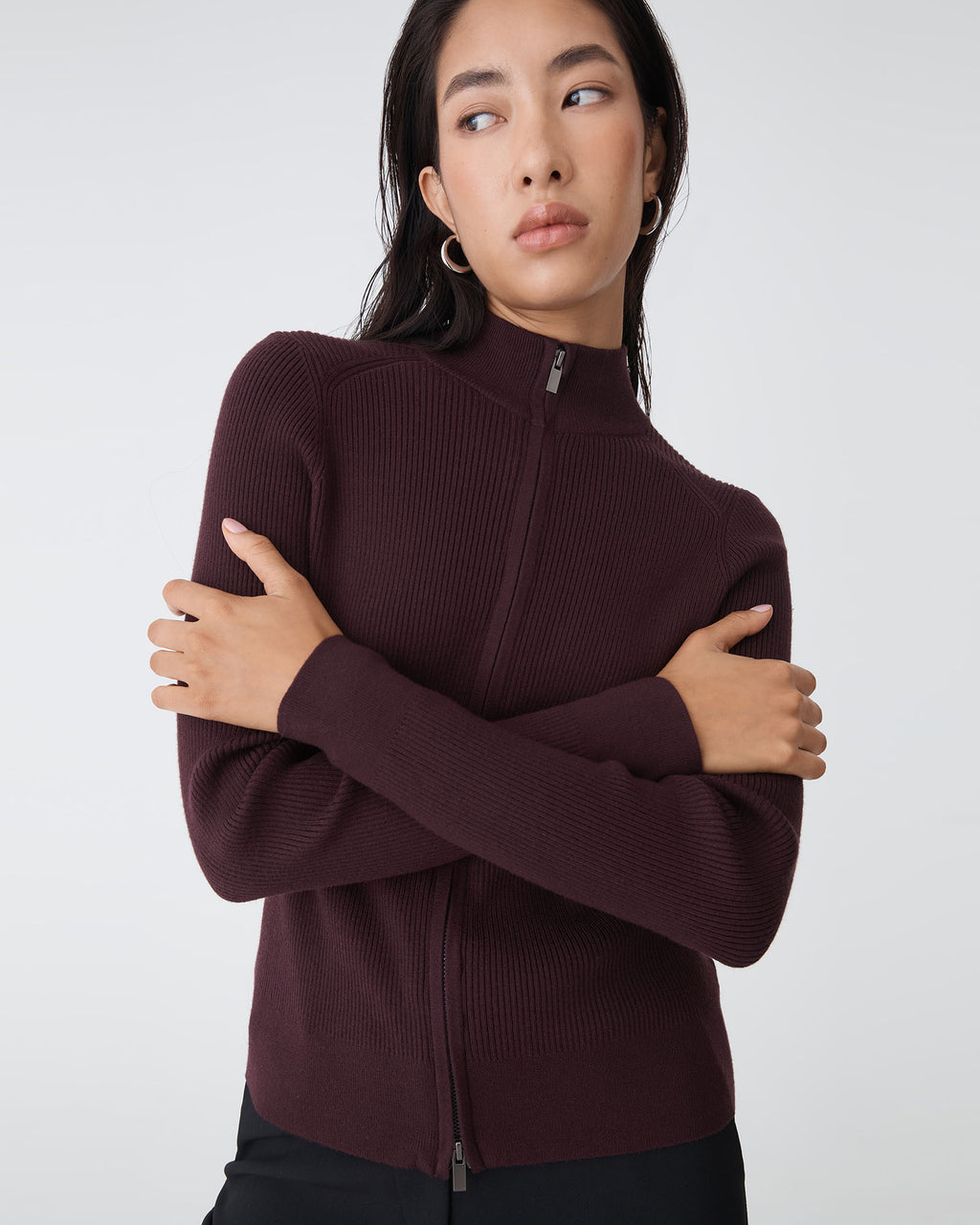 Blake Ribbed Zip Cardigan in mahogany — close-up view 3