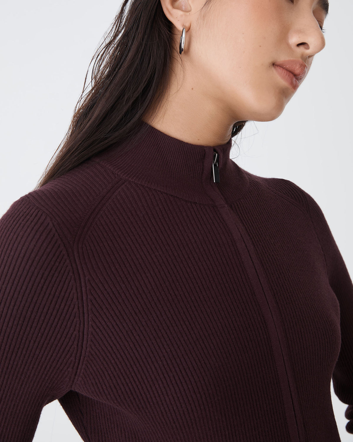 Blake Ribbed Zip Cardigan in mahogany — fabric detail