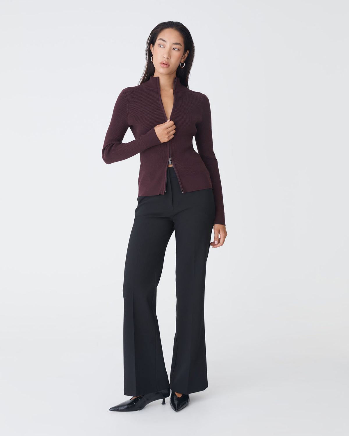 Blake Ribbed Zip Cardigan in mahogany — full-length view