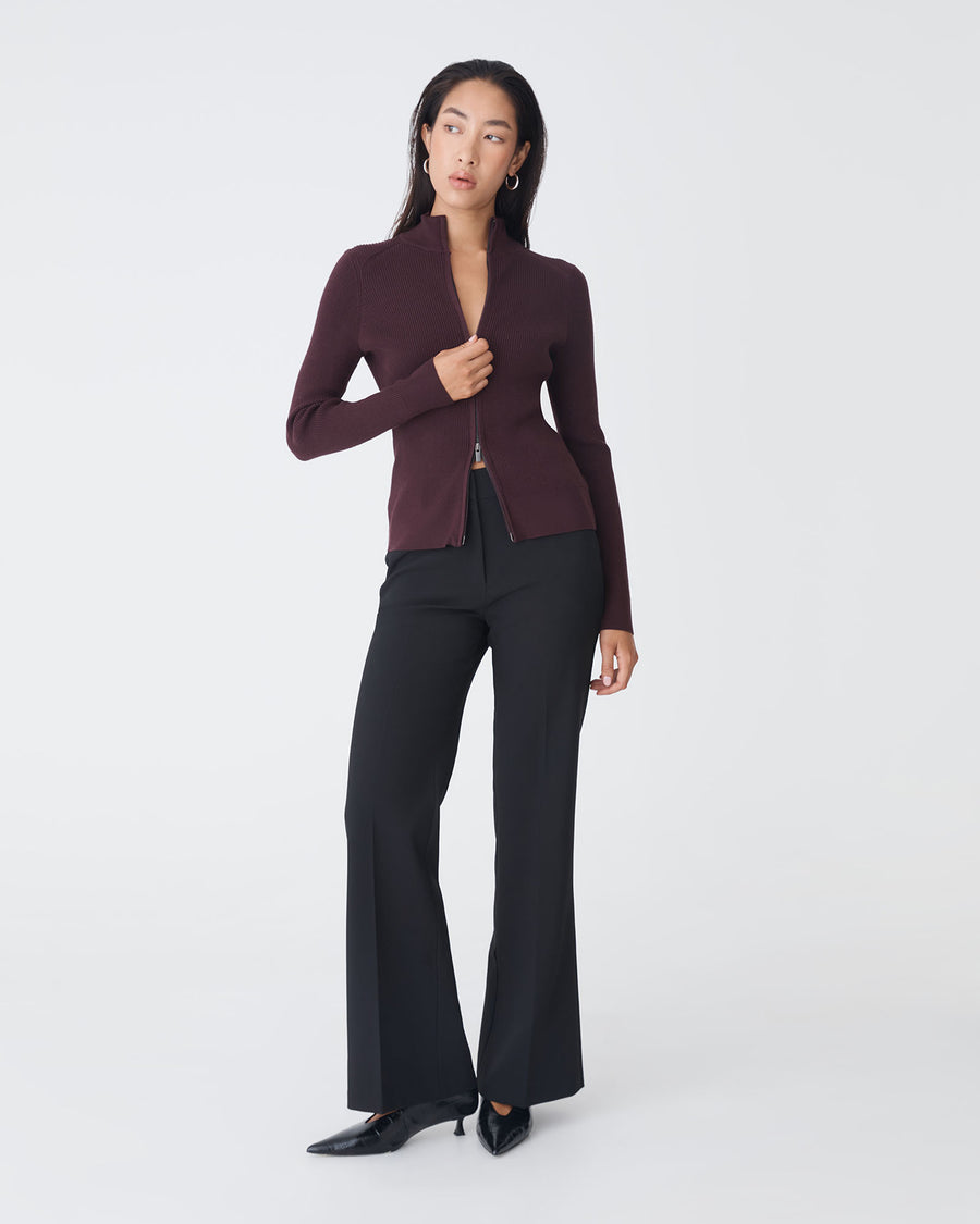 Blake Ribbed Zip Cardigan in mahogany — full-length view