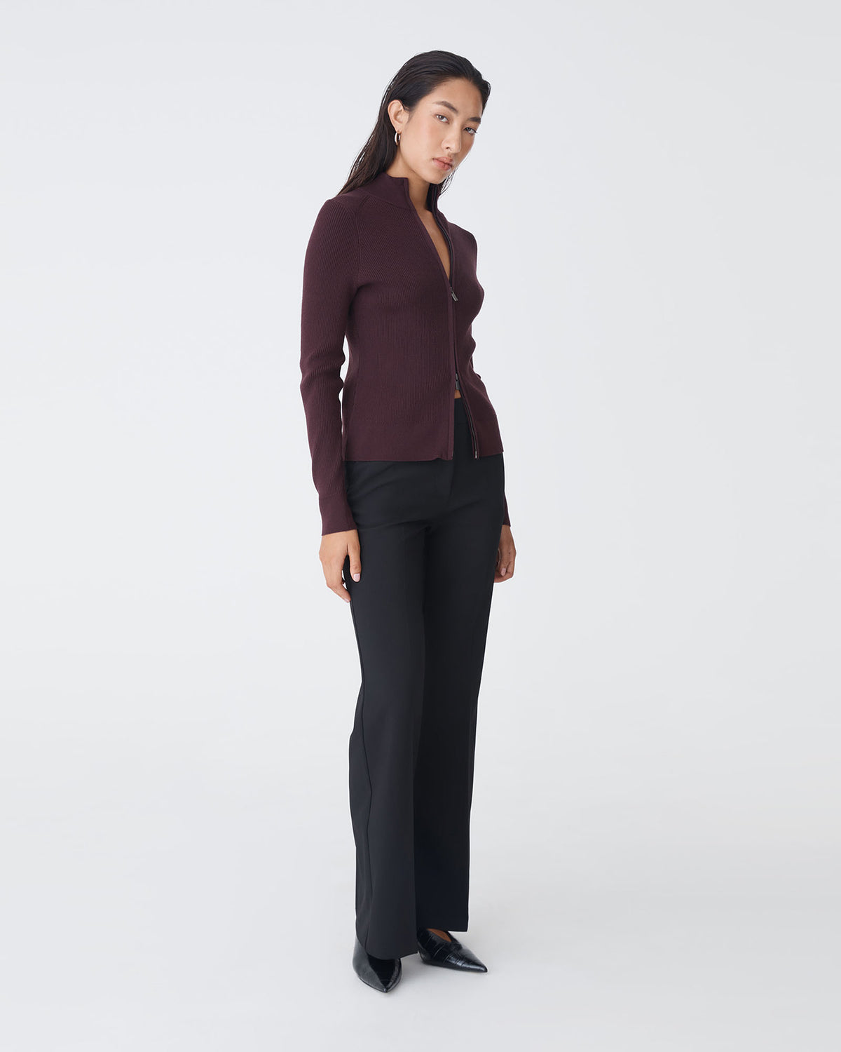 Blake Ribbed Zip Cardigan in mahogany — side view
