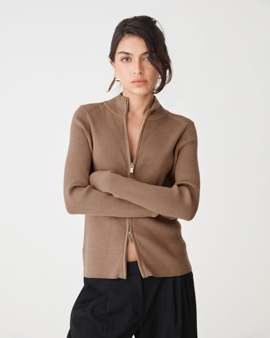 Blake Ribbed Zip Cardigan in mocha — close-up view
