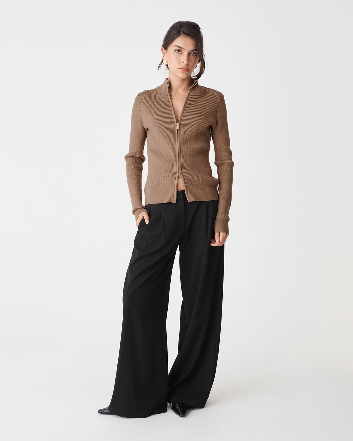 Blake Ribbed Zip Cardigan in mocha — full-length view
