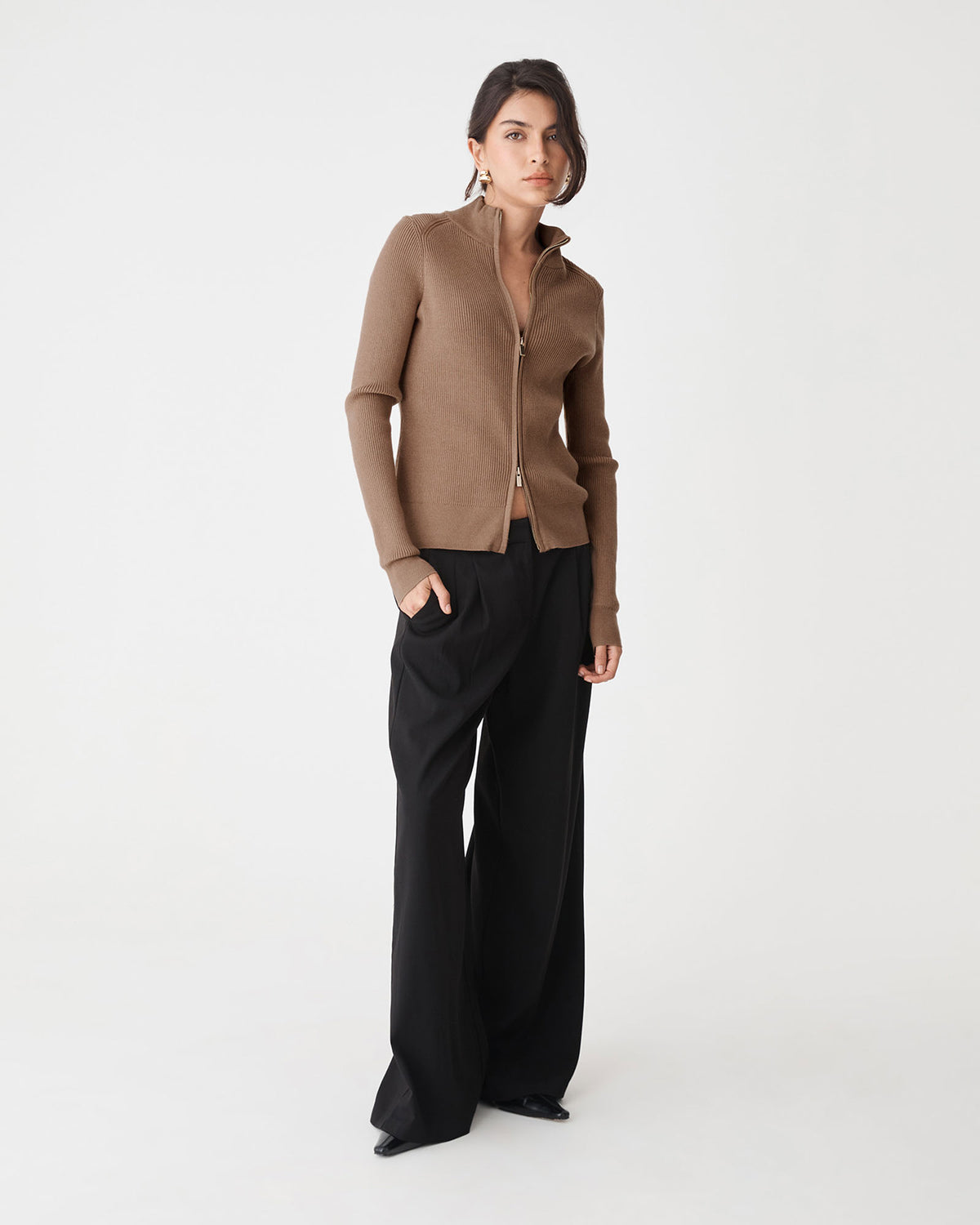 Blake Ribbed Zip Cardigan in mocha — full-length view 2
