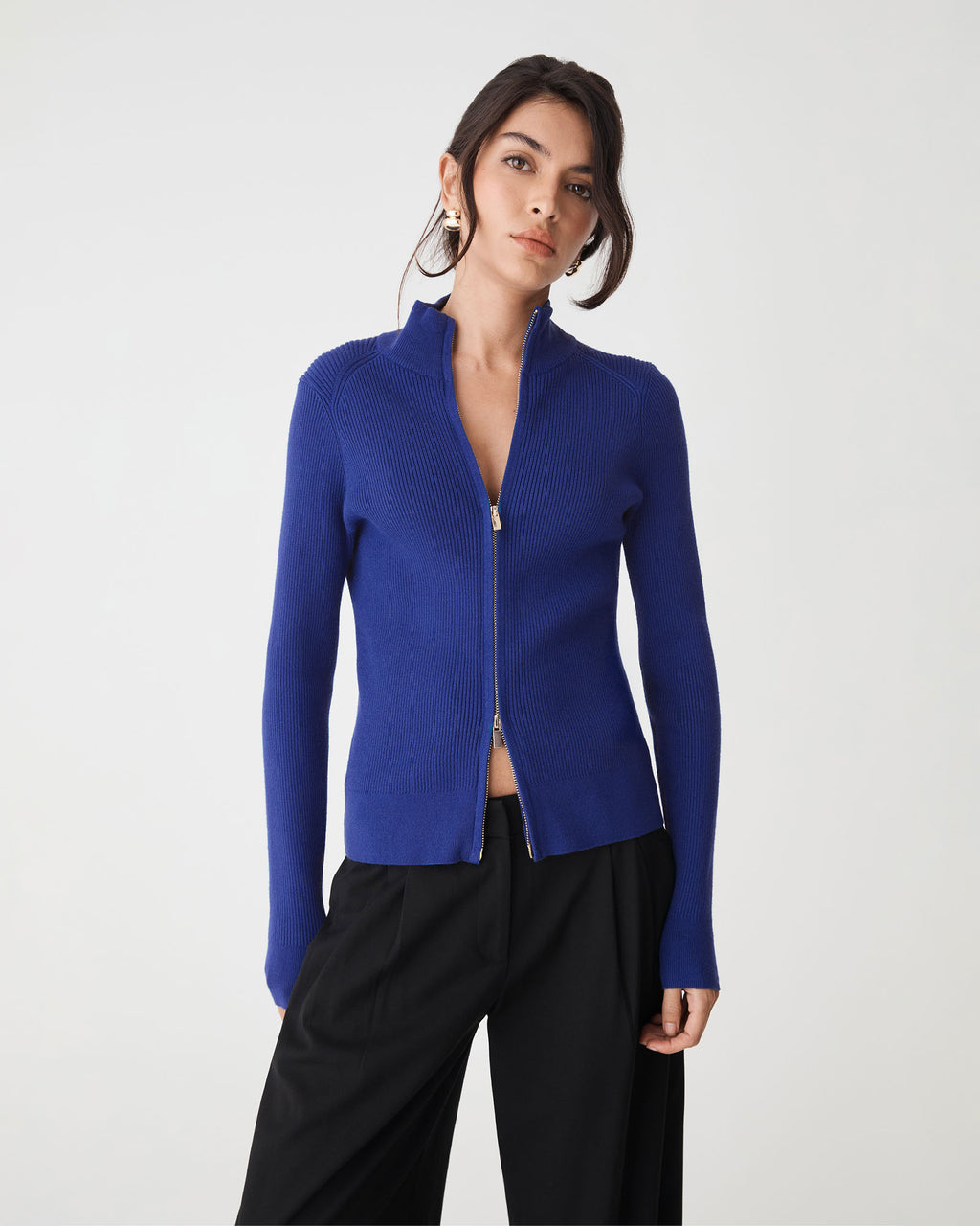 Blake Ribbed Zip Cardigan in royal blue — close-up view