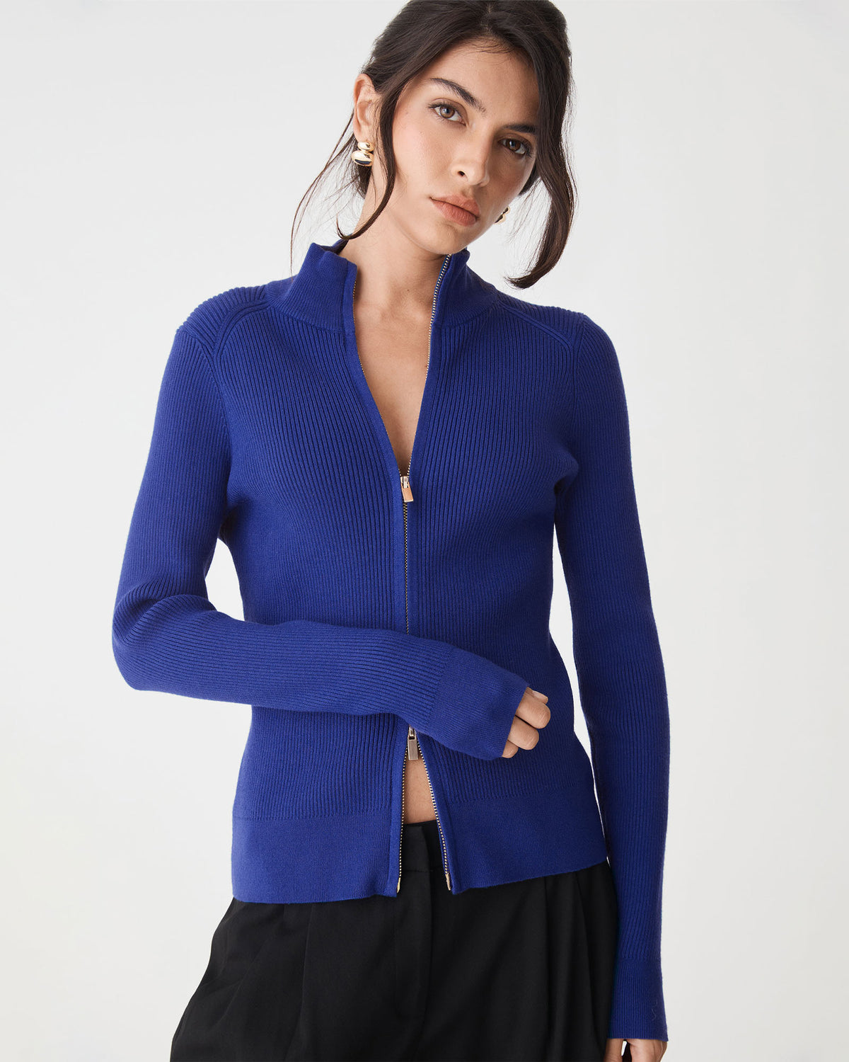 Blake Ribbed Zip Cardigan in royal blue — close-up view 2