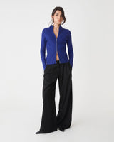 Blake Ribbed Zip Cardigan in royal blue — full-length view