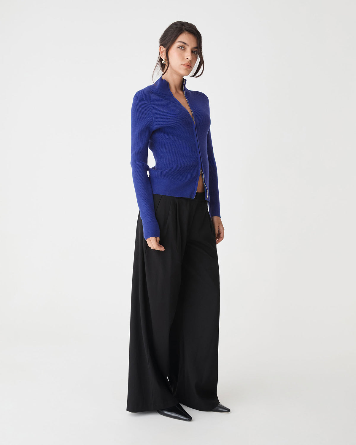 Blake Ribbed Zip Cardigan in royal blue — side view