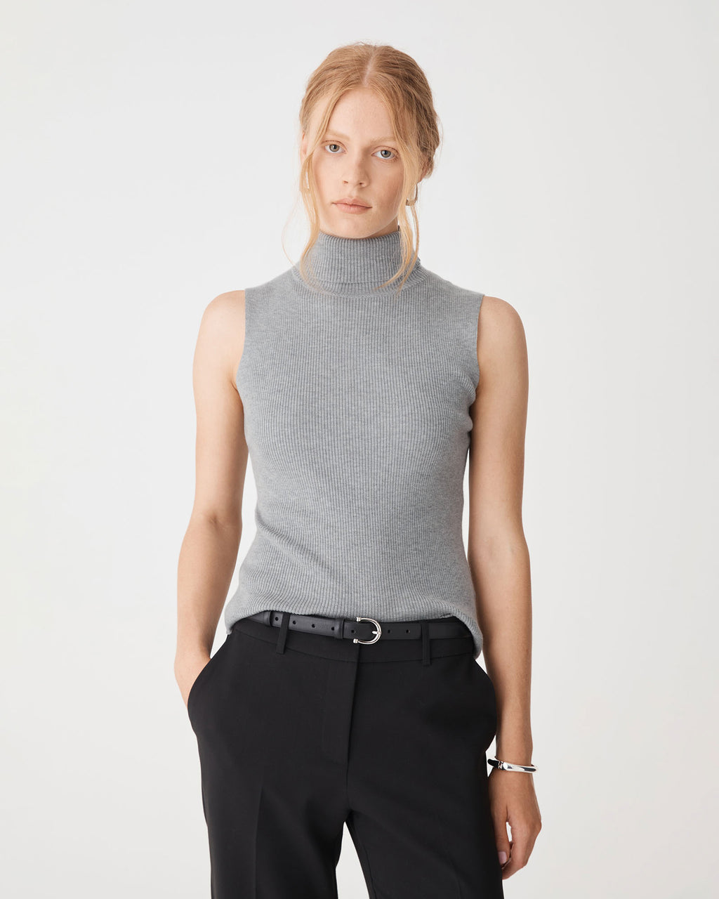 Suzie Turtleneck Rib Knit Top in grey marle — close-up view