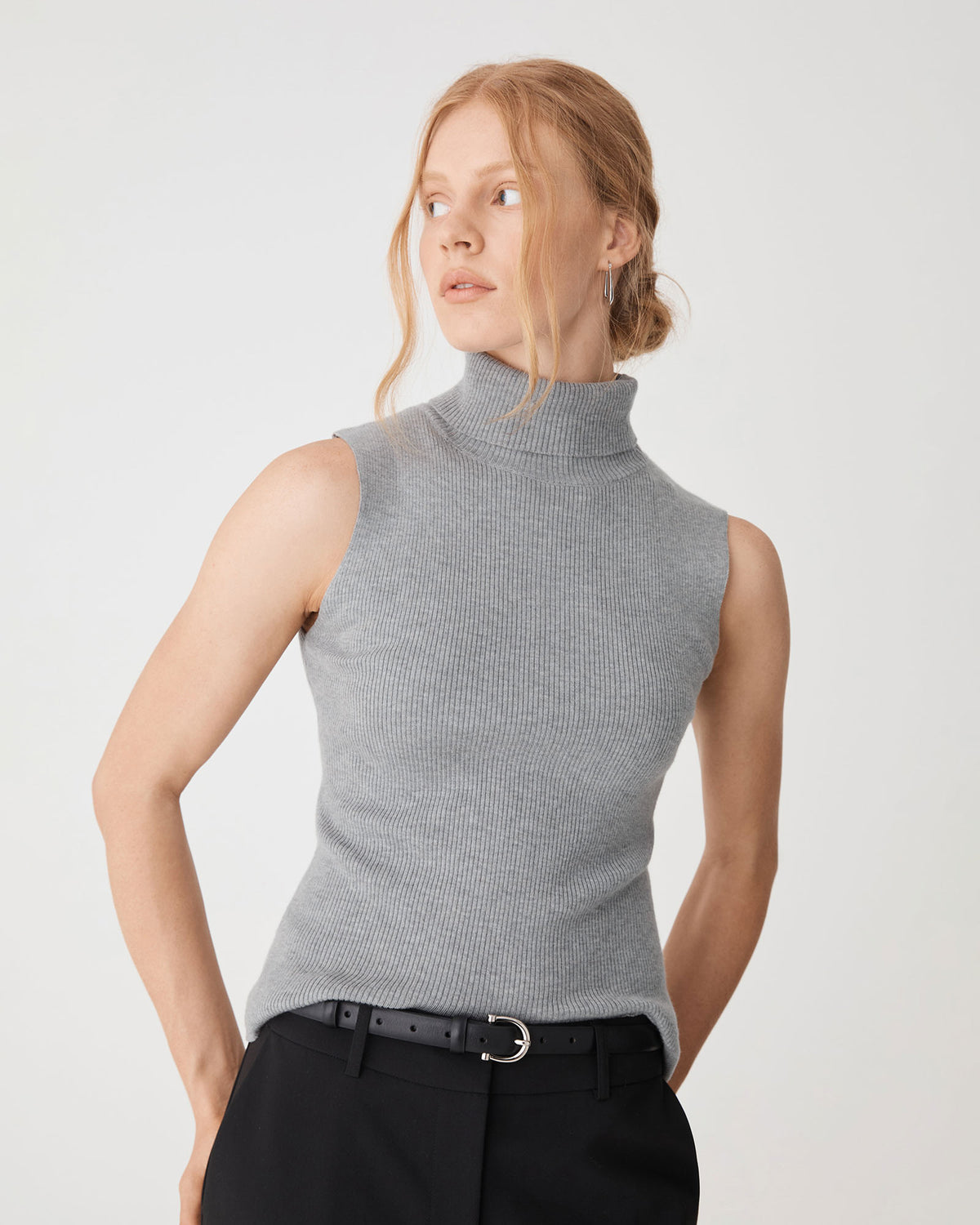 Suzie Turtleneck Rib Knit Top in grey marle — close-up view 2
