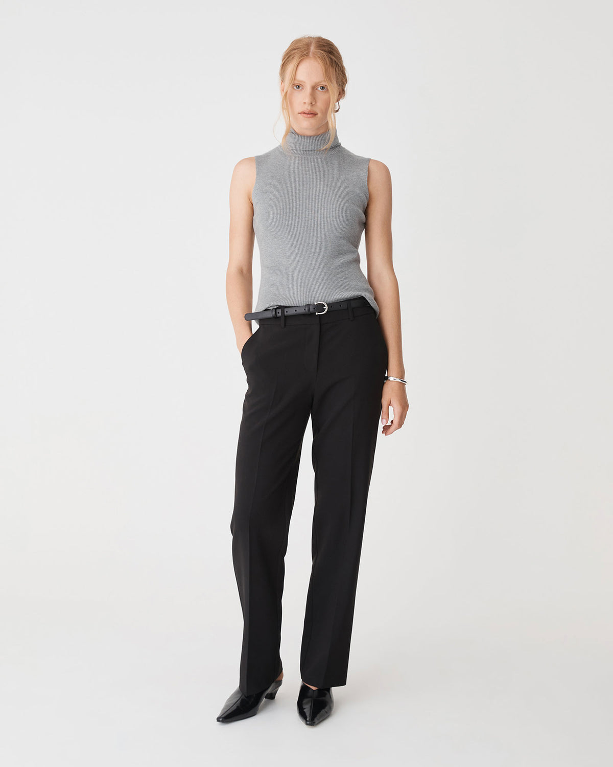Suzie Turtleneck Rib Knit Top in grey marle — full-length view