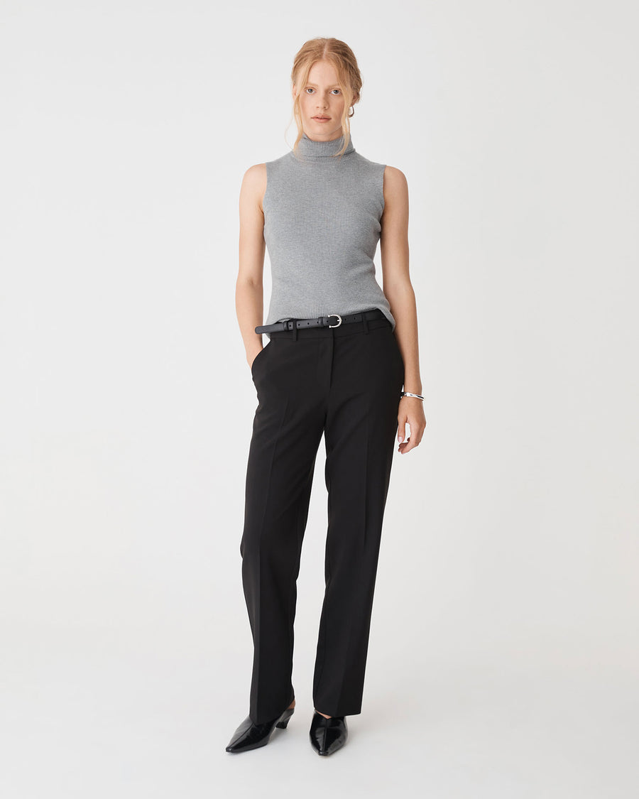 Suzie Turtleneck Rib Knit Top in grey marle — full-length view