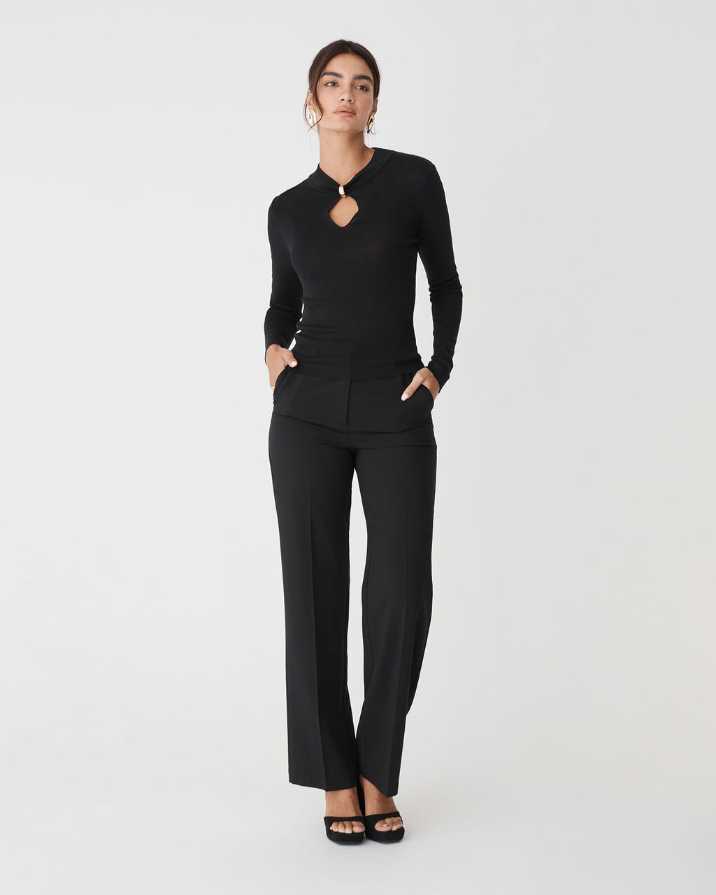 Ciara Keyhole Lurex Knit Top in black — full-length view