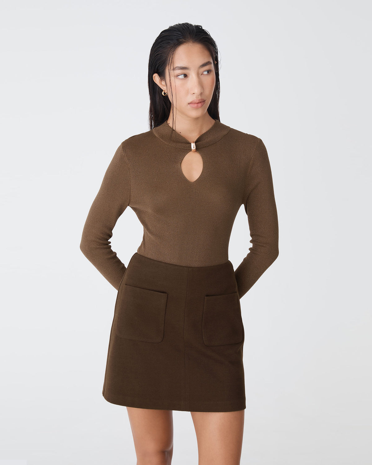 Ciara Keyhole Lurex Knit Top in bronze — close-up view