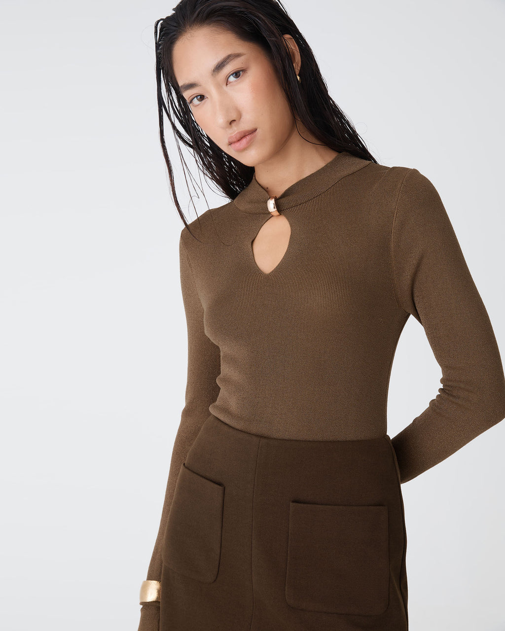 Ciara Keyhole Lurex Knit Top in bronze — close-up view 3