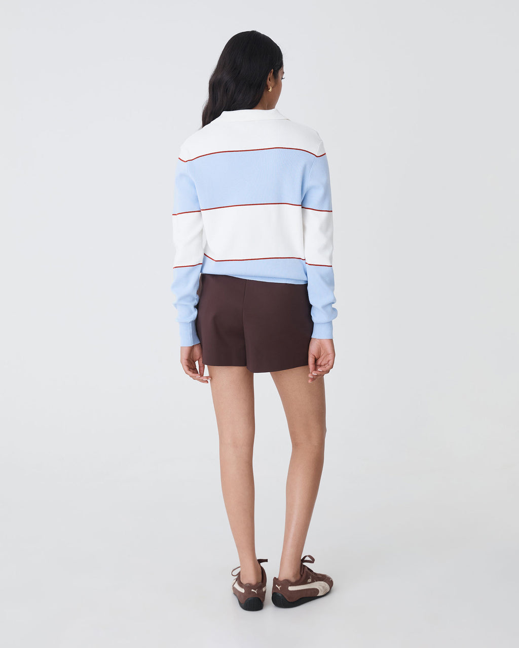 Brenda Stripe Collared Sweater in blue stripe — back view