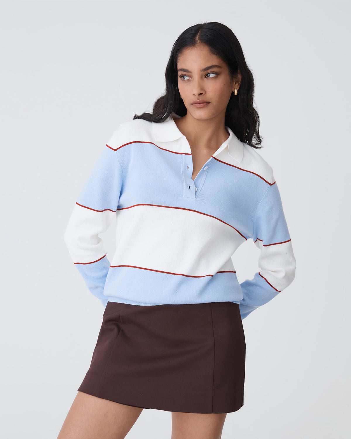 Brenda Stripe Collared Sweater in blue stripe — close-up view 2