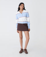 Brenda Stripe Collared Sweater in blue stripe — full-length view