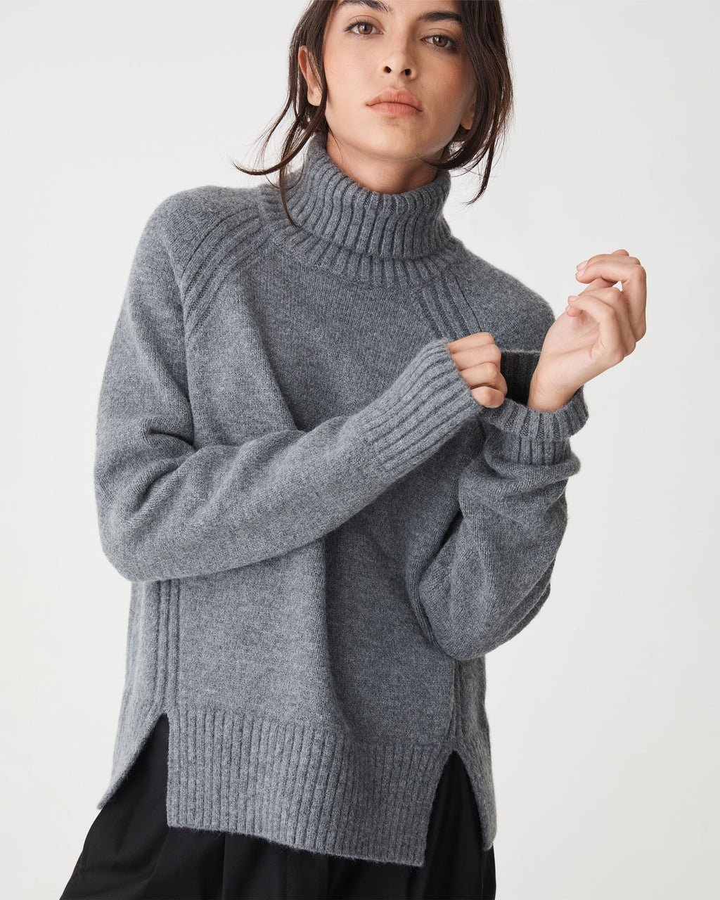 Jada Notch Hem Turtleneck Knit in grey marle — close-up view 2