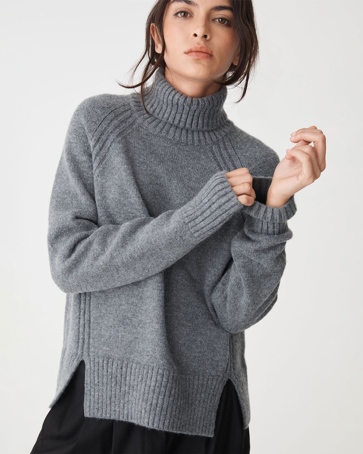 Jada Notch Hem Turtleneck Knit in grey marle — close-up view 2